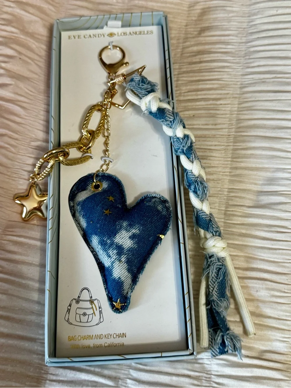 Denim Heart Keychain, Purse Charm - Blue & White